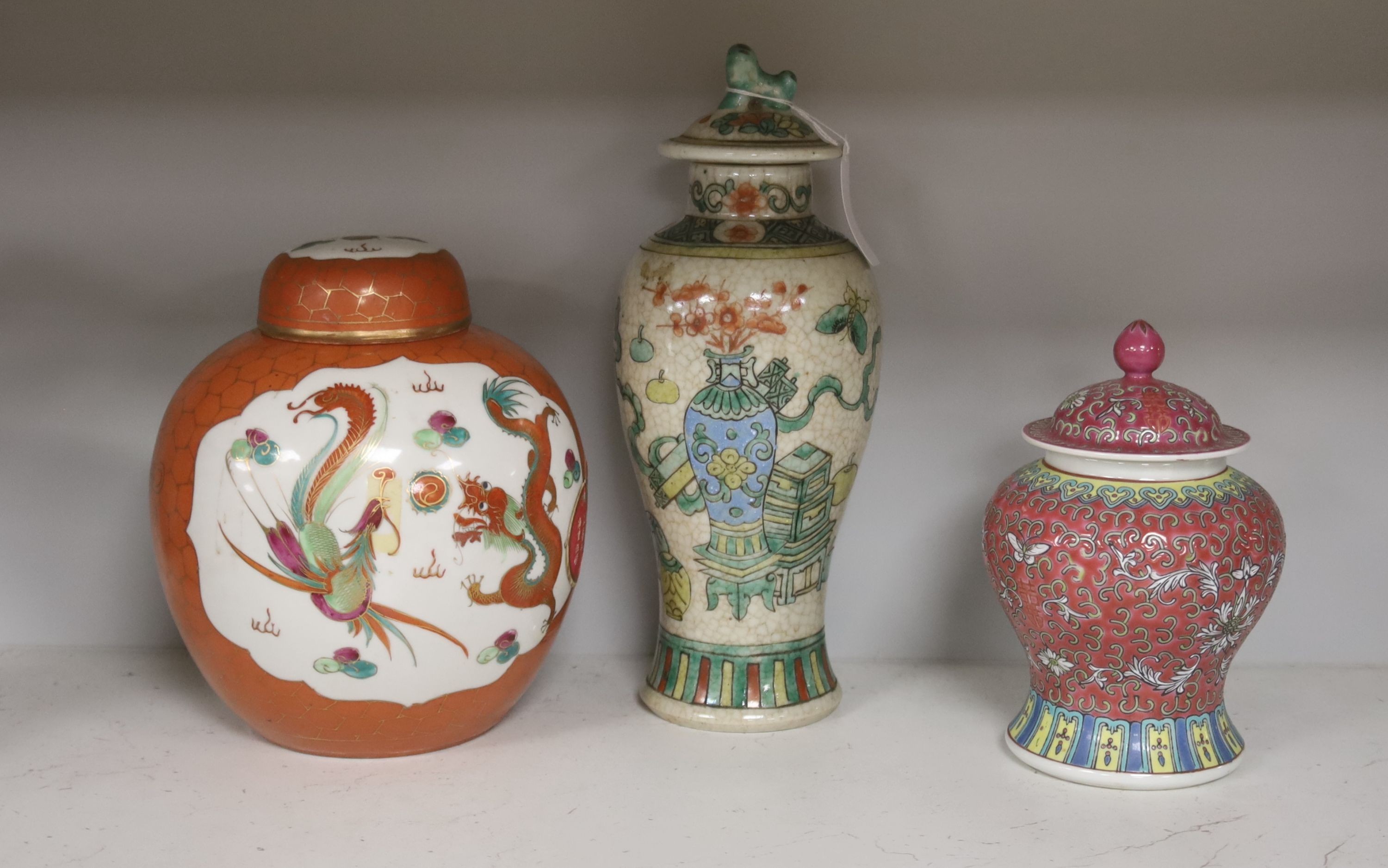 Two Chinese export blue and white plates, two ginger jars, a crackle ware vase and a lamp